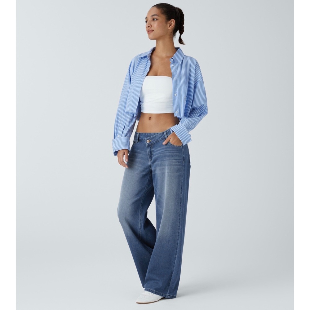 Halara Flex Asymmetric Low Rise Zipper Pockets Baggy Wide Leg Jeans Blue XS - Picture 6 of 9
